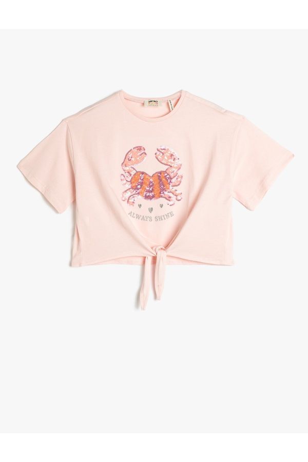 Koton Koton T-Shirt Front Tie Detailed Short Sleeve Cotton Crab Embroidered Detail