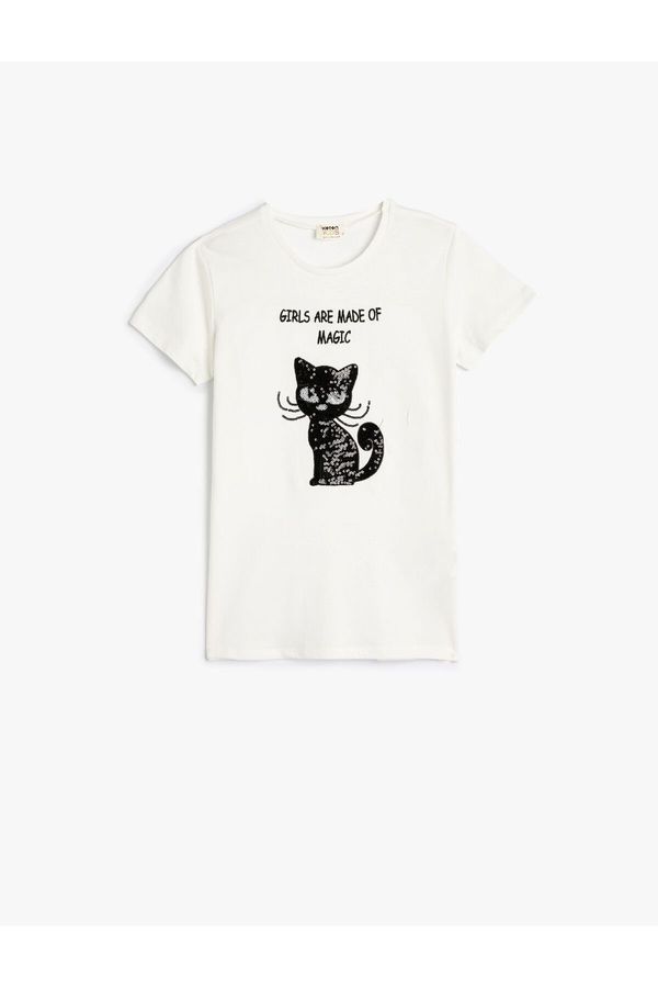 Koton Koton T-Shirt Short Sleeve Crew Neck Cat Sequin Embroidered