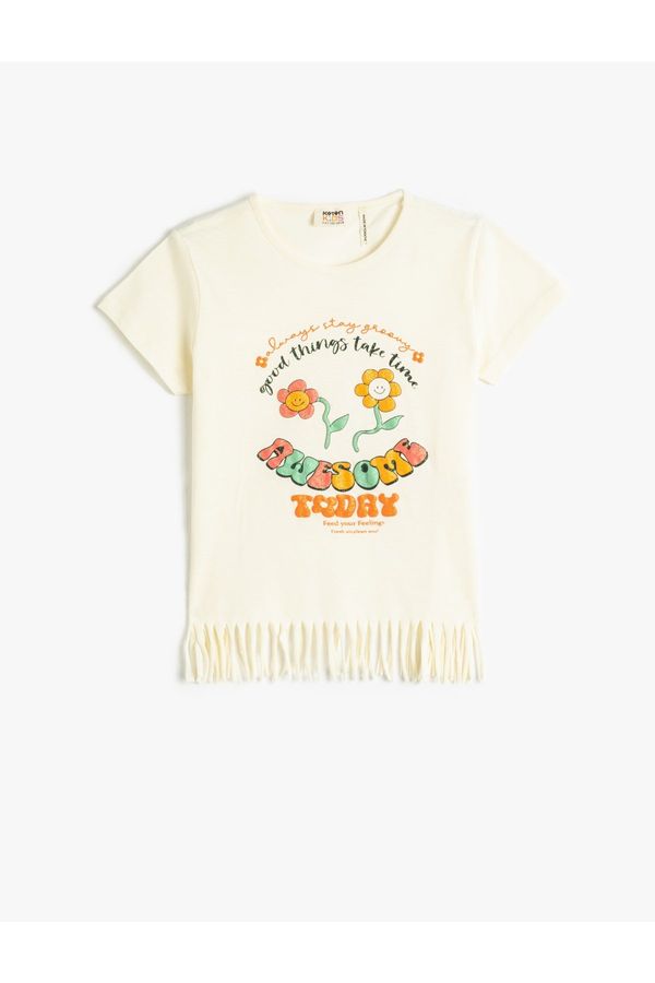 Koton Koton T-Shirts Tasseled Short Sleeve Printed Glittery Cotton