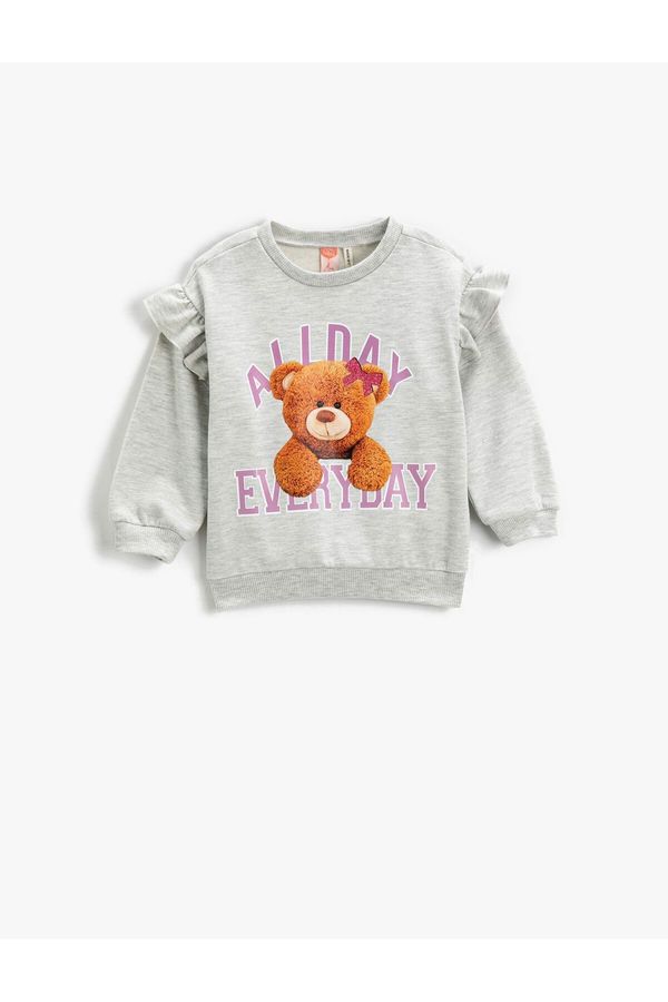 Koton Koton Teddy Bear Printed Frilly Sweatshirt Long Sleeve Crew Neck