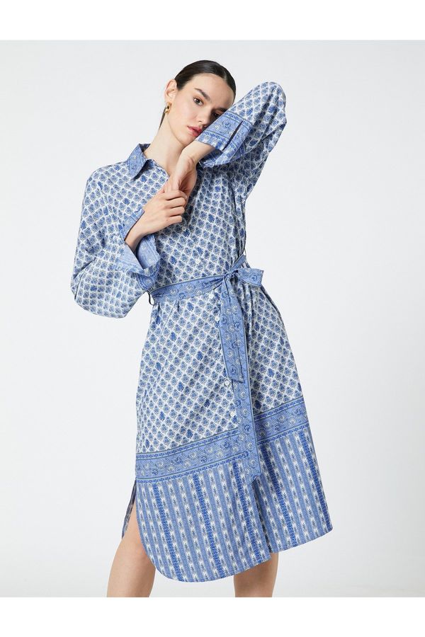 Koton Koton Traditional Patterned Shirt Dress Belted Midi Length