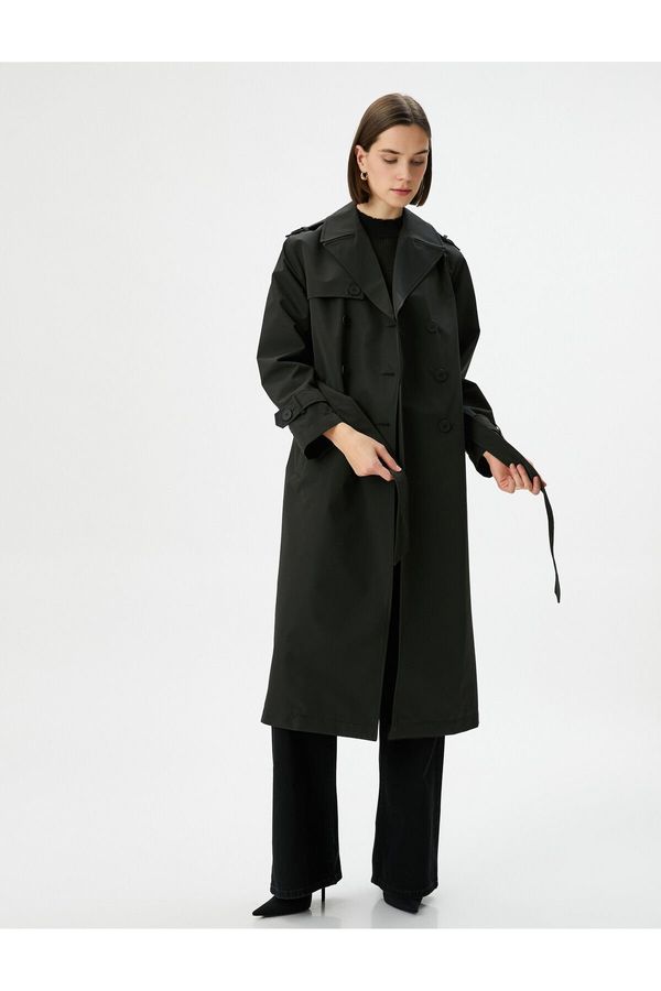 Koton Koton Trench Coat Midi Length Double Breasted Collar Buttoned Pocket Belted