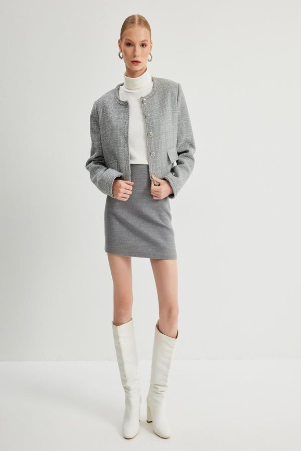 Koton Koton Tweed Crop Jacket Round Neck Buttoned Pockets