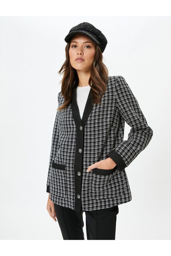 Koton Koton Tweed Jacket with Pockets V-Neck Buttons