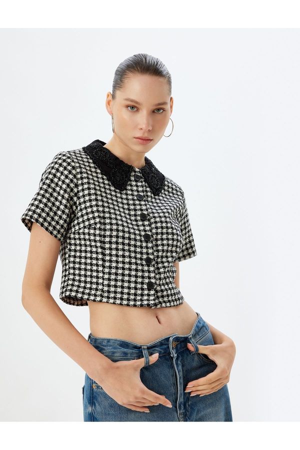 Koton Koton Tweed Shirt Jacket Buttoned Classic Collar Short Sleeve Slim Fit