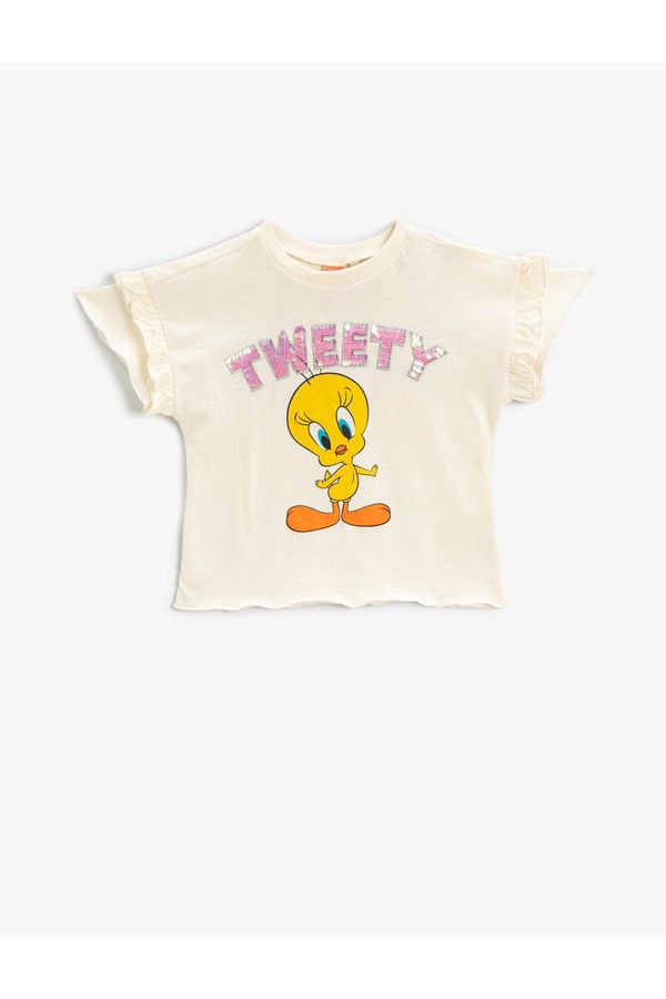 Koton Koton Tweety Printed Sequin Sequined T-Shirt Licensed Frill Sleeve Cotton