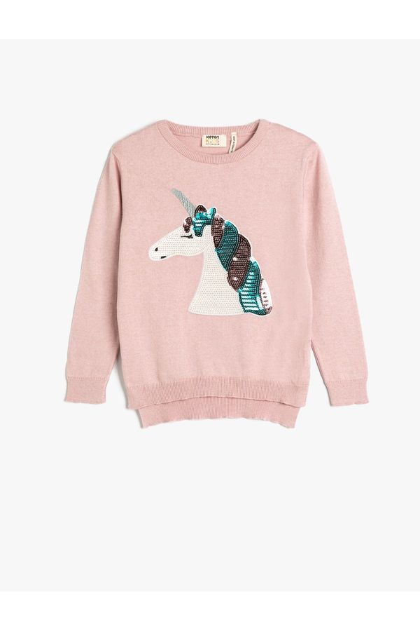Koton Koton Unicorn Sweater Long Sleeve Crew Neck Sequin Embroidered