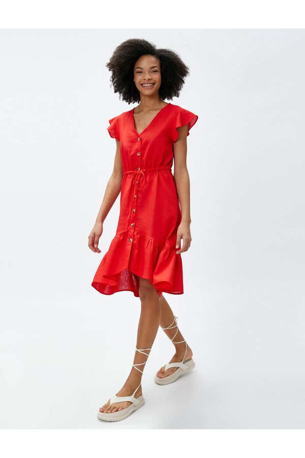 Koton Koton V-Neck Dress Linen Blend Ruffle Buttoned Waist Tied