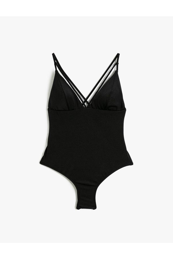 Koton Koton V-Neck Swimsuit with Thin Straps Covered Piping Detail.