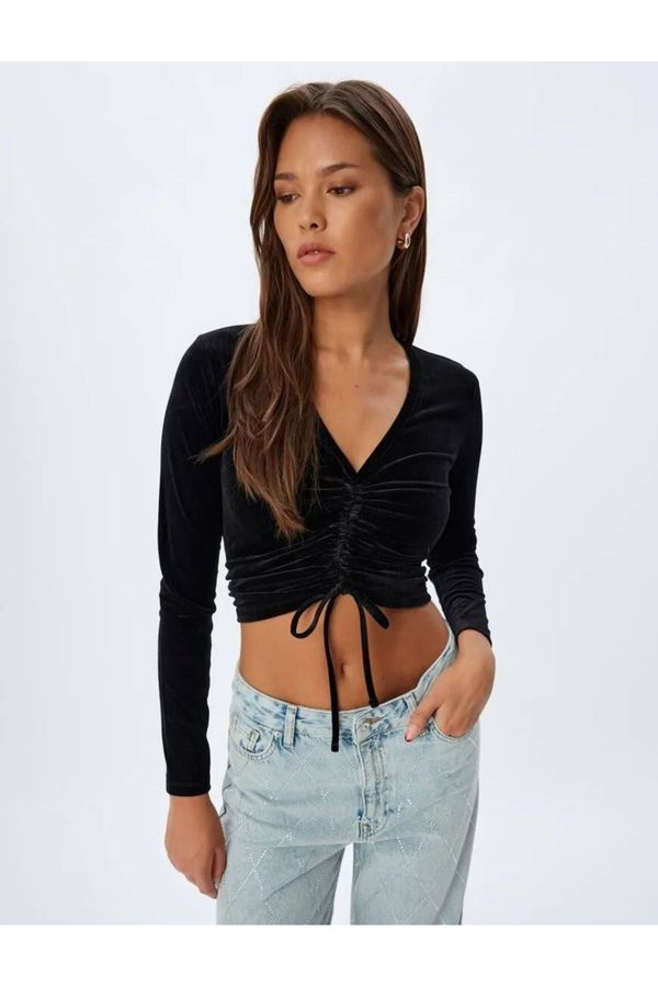 Koton Koton Velvet Crop T-Shirt Pleated V Neck Long Sleeve Slim Fit