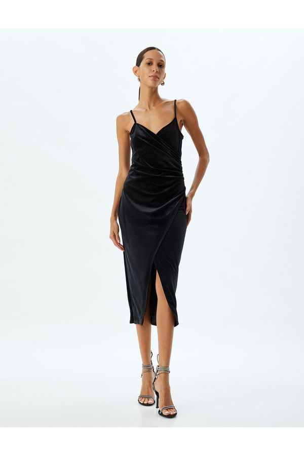 Koton Koton Velvet Dress Glittery Midi Length Slit Detailed Straped V Neck Draped