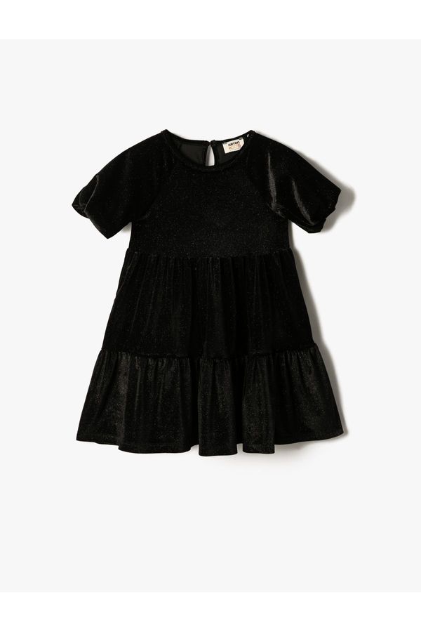 Koton Koton Velvet Lurex Dress Short Balloon Sleeve Tiered Round Neck