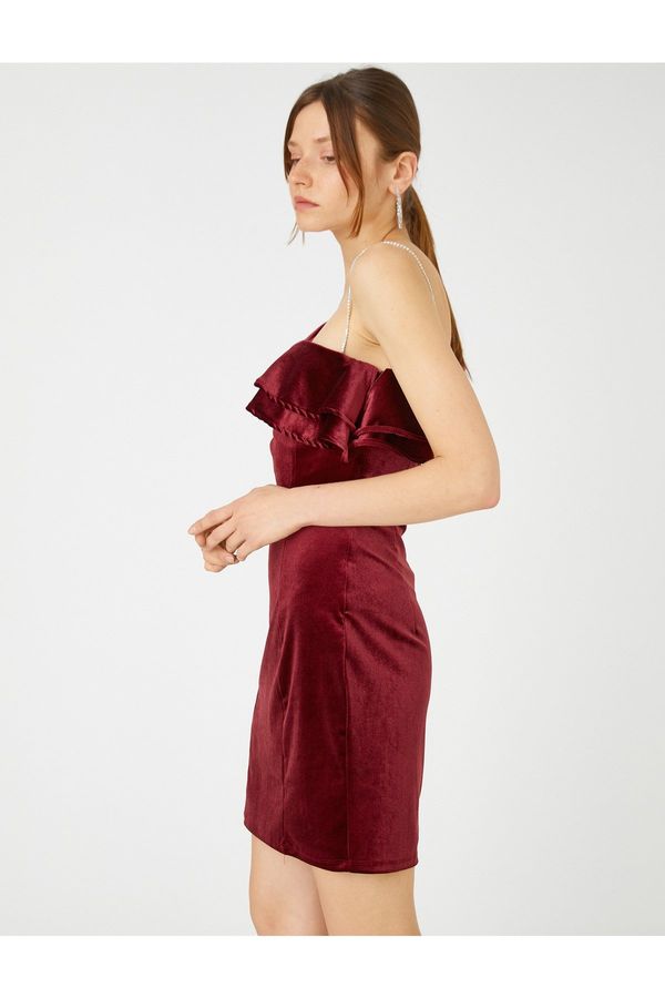 Koton Koton Velvet Mini Evening Dress One-Shoulder Flounce Stone Detailed