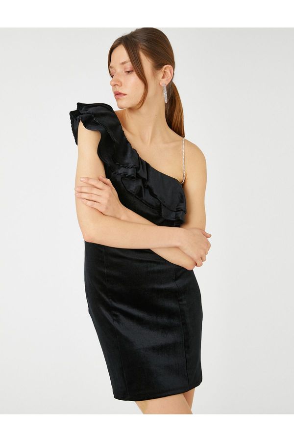 Koton Koton Velvet Mini Evening Dress One-Shoulder Flounce Stone Detailed