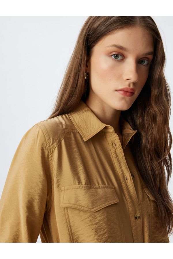 Koton Koton Viscose Oversize Shirt with Flap Pocket Detail Textured Long Sleeves