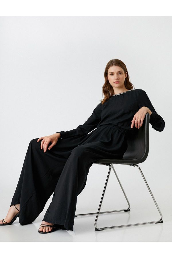 Koton Koton Wide Leg Evening Jumpsuit Collar Stone Detail