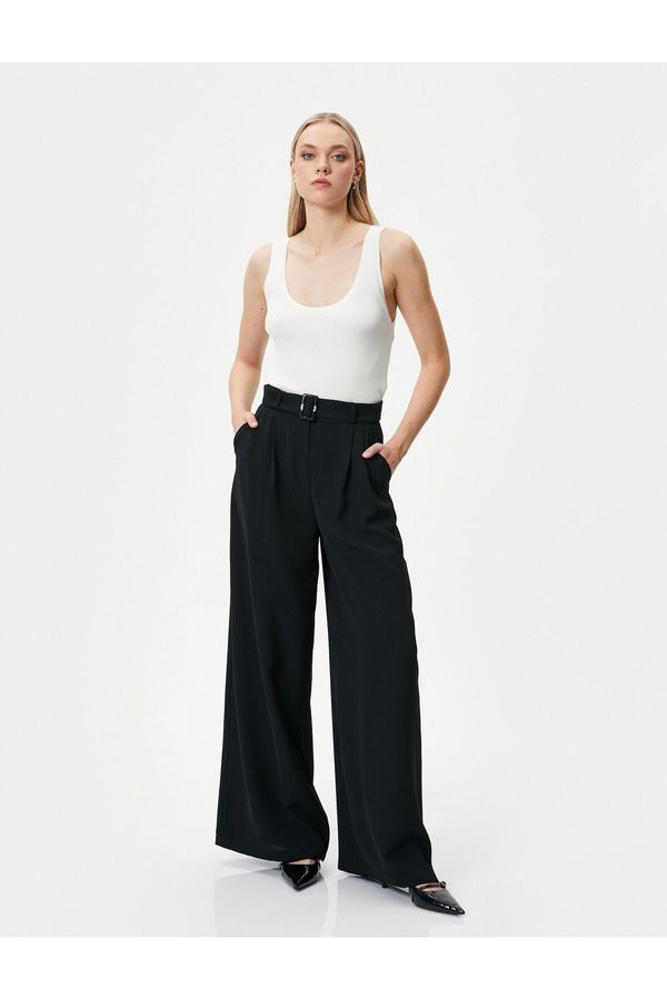 Koton Koton Wide Leg Trousers Belt Detailed High Waist Pocket