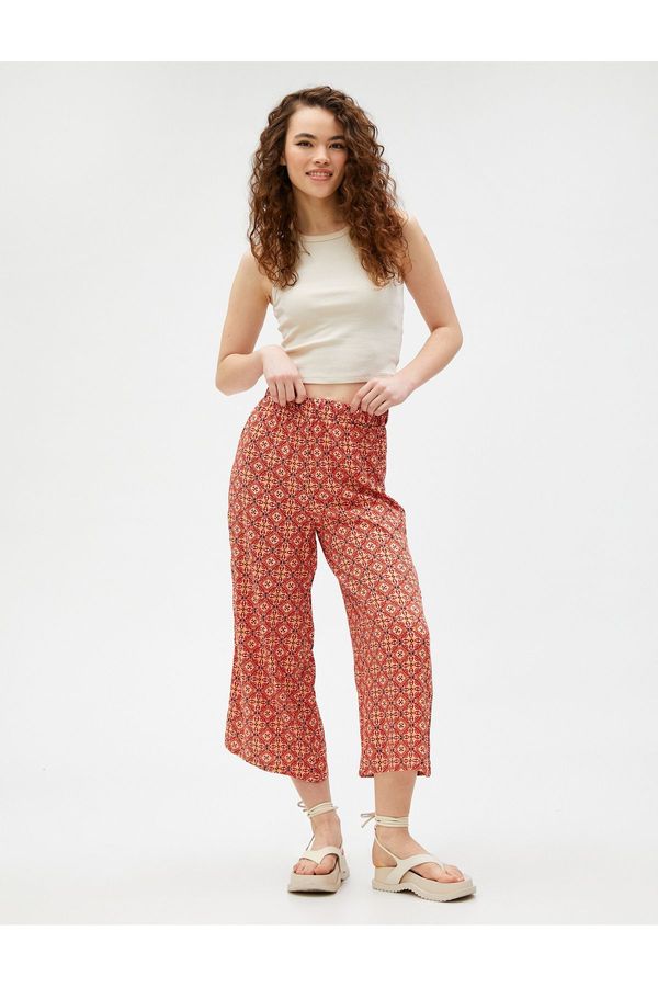 Koton Koton Wide Leg Trousers Elastic Waist Ethnic Patterned Viscose