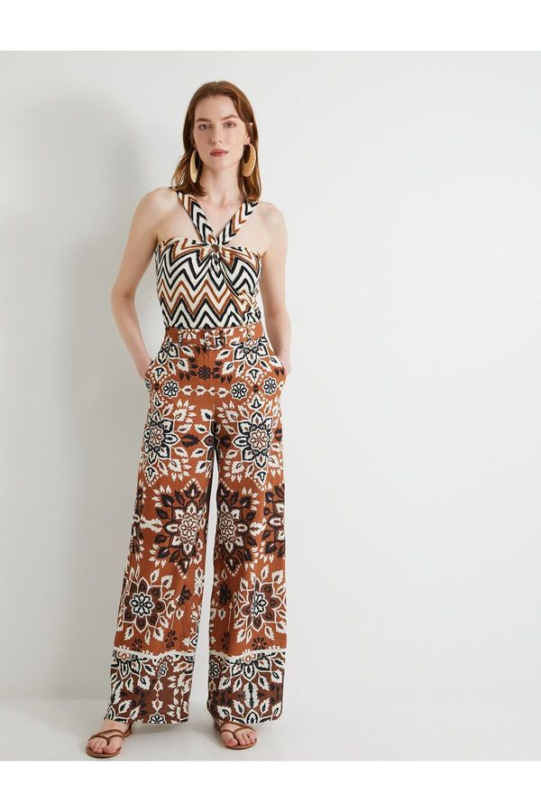 Koton Koton Wide Leg Trousers Ethnic Patterned Pocket Detailed Belted