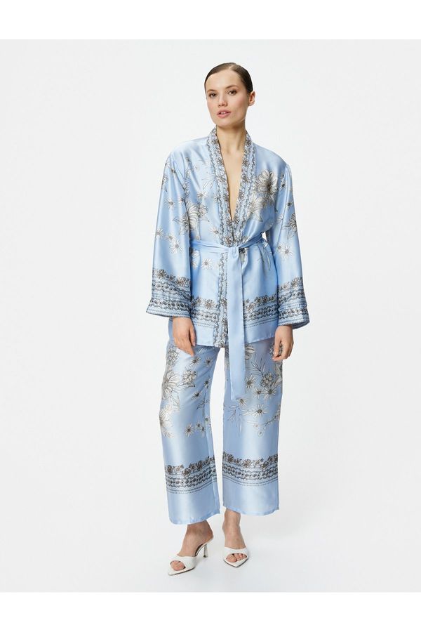 Koton Koton Wide Leg Trousers Floral Satin Elastic Waist