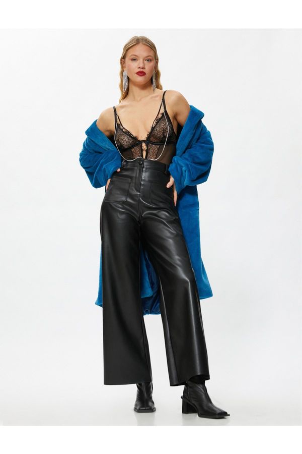 Koton Koton Wide Leg Trousers Leather Look with Mini Pockets