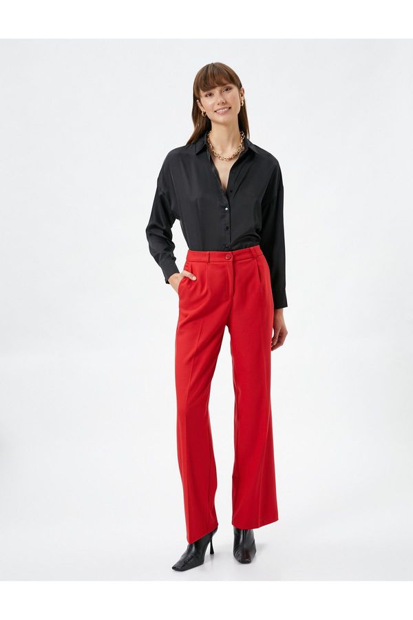 Koton Koton Wide Leg Trousers With Fabric Buttons, Normal Waist Pockets.