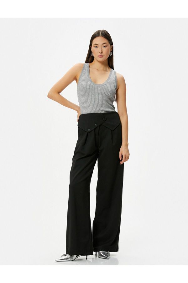 Koton Koton Wide Leg Trousers with Pocket Waist Asymmetrical Button Detail