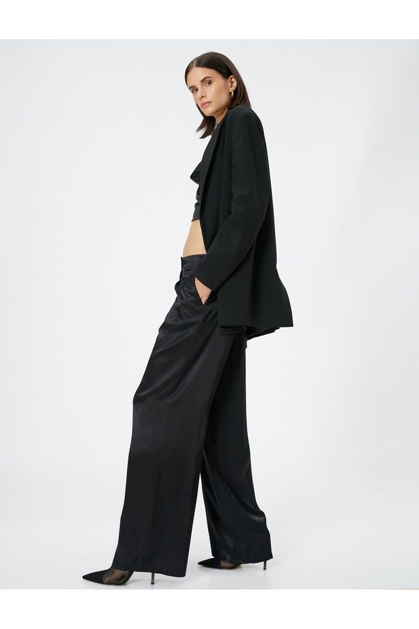 Koton Koton Wide Leg Trousers With Pockets, Normal Waist Shiny Pleat Detailed Viscose.