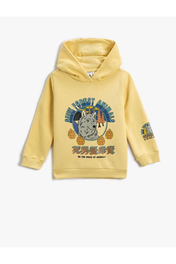 Koton Koton Wolf Printed Hooded Sweatshirt Long Sleeve