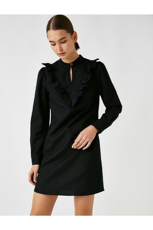 Koton Koton Women's Black 100% Cotton Long Sleeve Button Neck Flounce Dress