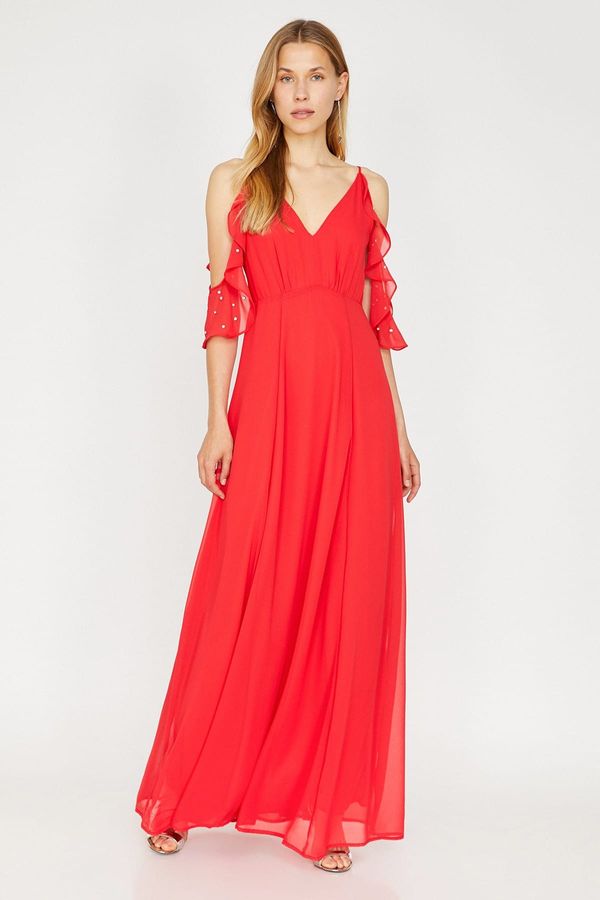 Koton Koton Women's Red V-Neck Sleeve Detailed Ruffle Detailed Maxi Dress