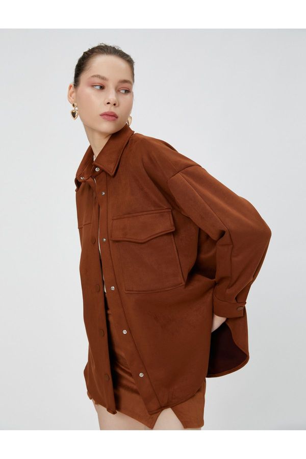 Koton Koton Women's Standard Shirt Collar Plain Brown Shirt 4WAL60004IW