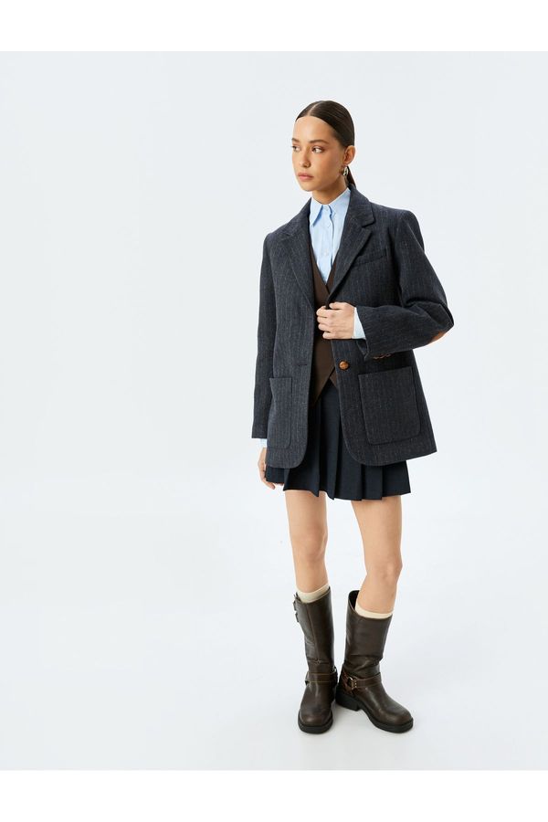 Koton Koton Wool Blend Applique Double Pocket Detailed Double Breasted Oversize Cashmere Blazer Jacket