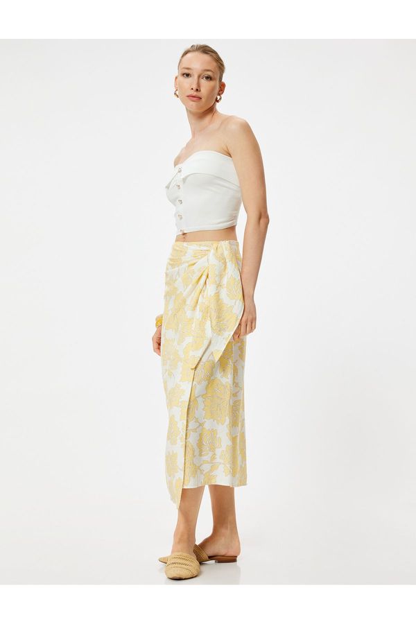 Koton Koton X Melis Ağazat - Floral Midi Length Double Breasted Skirt Side Tie Viscose Fabric