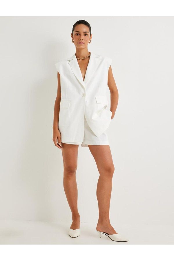 Koton Koton X Sima Tarkan - Linen Blend Blazer Vest Double Breasted Reverse Collar Hip Length Pocket 4SAK20118