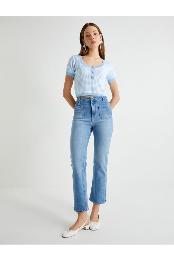 Koton Koton X Tuba Ünsal - Knitwear Short Sleeve Blouse with Stoned Button Detail and Gingham