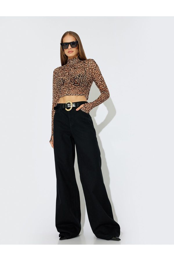 Koton Koton X Zeynep Bastık - Crop Leopard Blouse Draped Stand Collar Long Sleeve