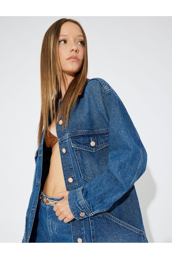 Koton Koton X Zeynep Bastık - Oversize Long Denim Jacket with Faux Leather Collar and Pockets