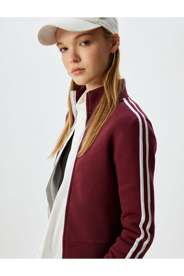 Koton Koton Zippered Crop Sweatshirt Ribbed Stand Collar With Ribbon