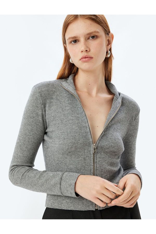 Koton Koton Zippered Knitted Cardigan Stand Collar Long Sleeve