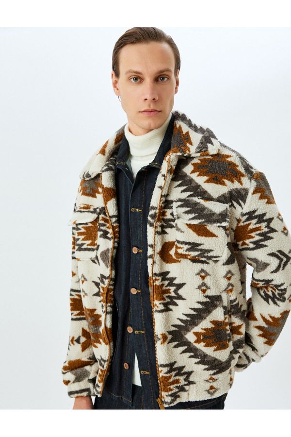 Koton Koton Zippered Pocket Ethnic Patterned Stand Collar Fleece Jacket