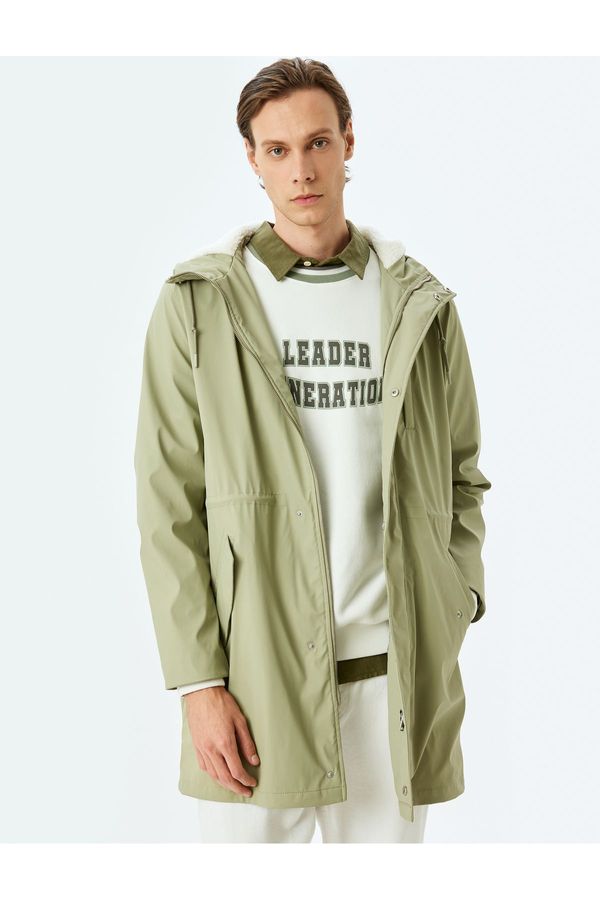 Koton Koton Zippered Slim Fit Hooded Faux Leather Raincoat