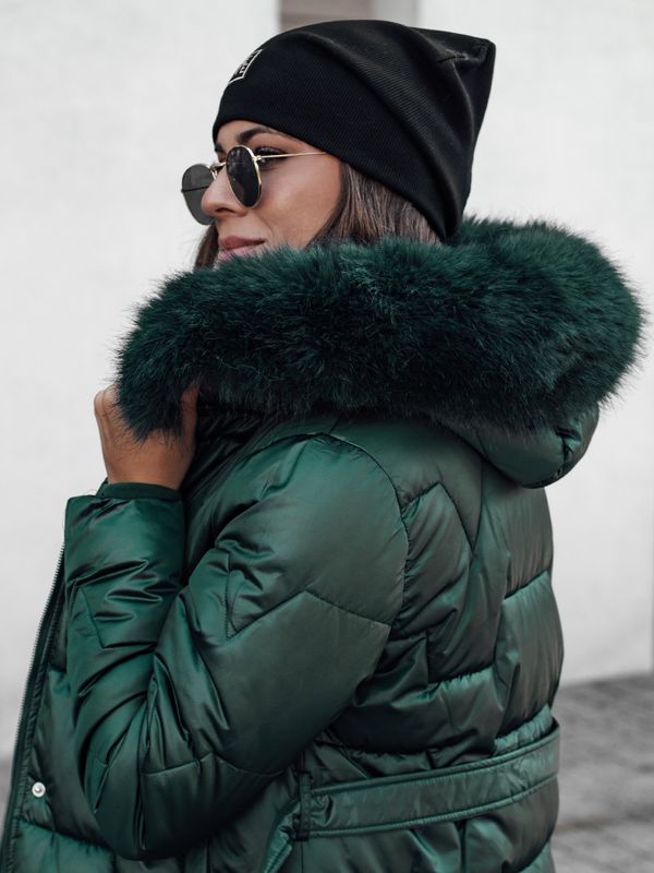 DStreet Kurtka damska STYLOWQ długa pikowana z futerkiem ciemnozielona Dstreet