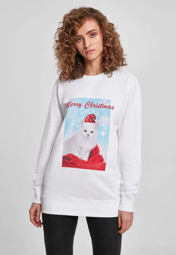 Mister Tee Ladies Merry Christmas Cat Crewneck White