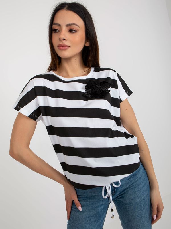 Fashionhunters Lady's black and white striped blouse with flower