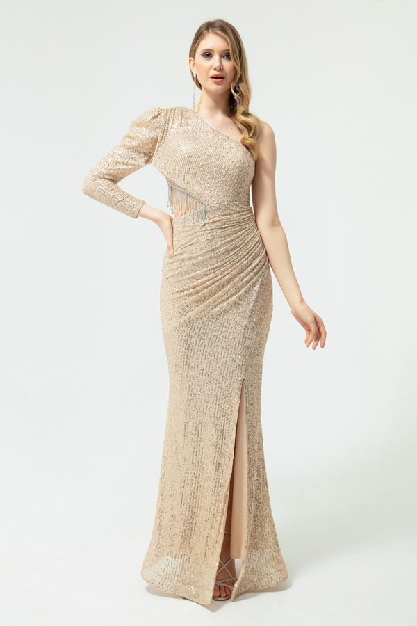 Lafaba Lafaba Women's Beige One Sleeve Long Evening Dress with Sequins And Stones.