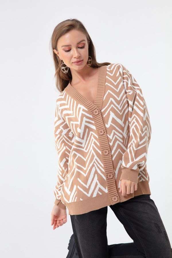 Lafaba Lafaba Women's Beige Zigzag Pattern Sweater Cardigan