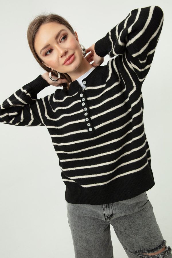 Lafaba Lafaba Women's Black and White Button-down Turtleneck Striped Knitwear Sweater