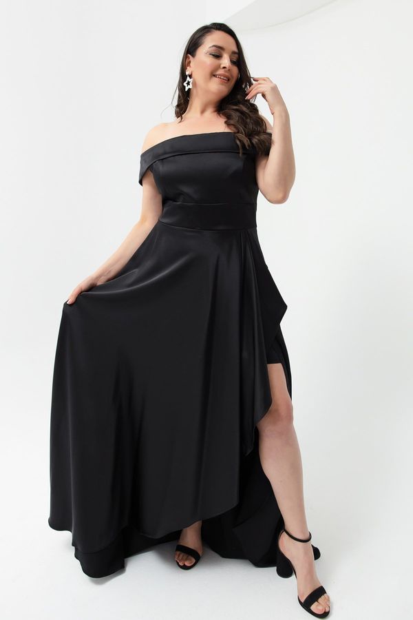 Lafaba Lafaba Women's Black Bateau Neck Plus Size Satin Evening & Prom Dress