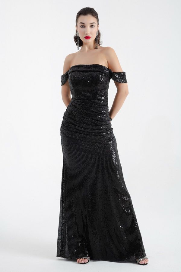 Lafaba Lafaba Women's Black Boat Neck Sequined Long Evening Dress
